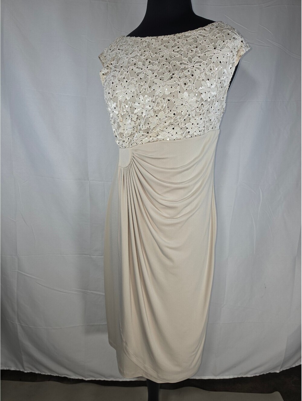 Connected Apparel Women's Cream Lace Sequin Ruched Dress Size 14